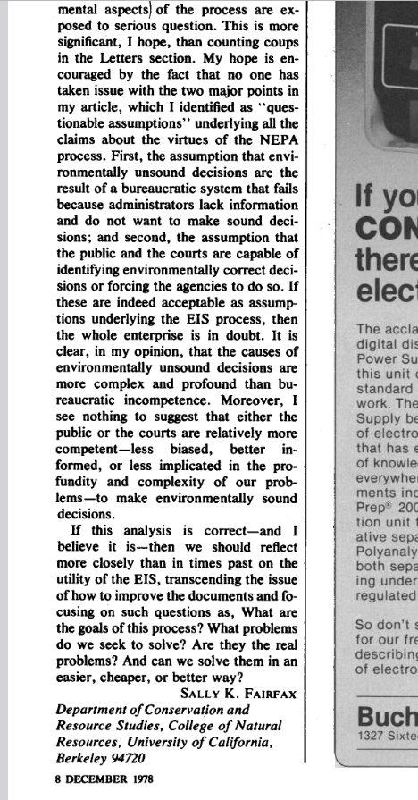 ForestMaven's tweet image. Thought I'd share this piece of NEPA critique history. From 1978, by Sally Fairfax, in Science.