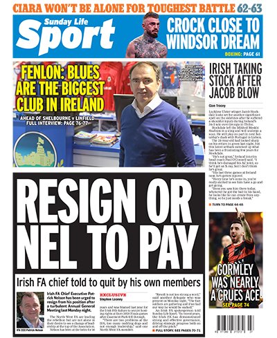 Paul Ferguson (@paulfergusonsl) on Twitter photo First look at <a href="/TheSundayLife/">Sunday Life</a> <a href="/SundayLifeSport/">Sunday Life Sport</a> Back Page
Members call for change at top of the <a href="/IrishFA/">Irish FA</a>
Pat Fenlon on <a href="/shelsfc/">Shelbourne FC 🏆</a> v <a href="/OfficialBlues/">Linfield FC</a>
Bad news for <a href="/UlsterRugby/">Ulster Rugby</a> 's Jacob Stockdale on Ireland duty First look at <a href="/TheSundayLife/">Sunday Life</a> <a href="/SundayLifeSport/">Sunday Life Sport</a> Back Page
Members call for change at top of the <a href="/IrishFA/">Irish FA</a>
Pat Fenlon on <a href="/shelsfc/">Shelbourne FC 🏆</a> v <a href="/OfficialBlues/">Linfield FC</a>
Bad news for <a href="/UlsterRugby/">Ulster Rugby</a> 's Jacob Stockdale on Ireland duty