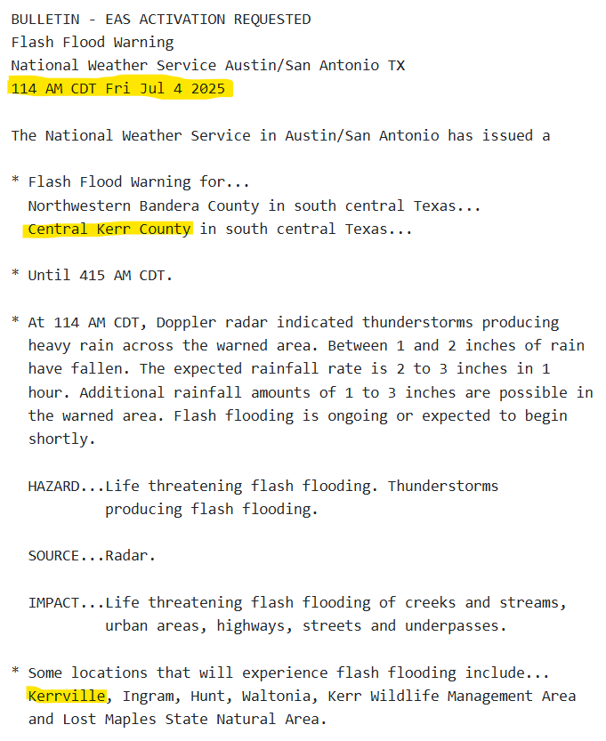 Just so we're clear, there WAS advanced warning ahead of the devastating floods in Texas. A flood watch was issued for Kerr County in the early afternoon of the 3rd, followed by a Flash Flood Warning as the heavy rains picked up around 1 am. Multiple warnings followed. #txwx