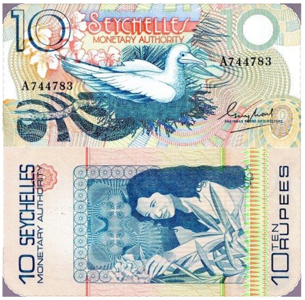 RareMoneyNotes's tweet image. The artistry on this 10 Seychelles Rupees note is captivating! Love the prominent seabird and the tranquil depiction of a woman interacting with nature on the reverse. A beautiful blend of wildlife and local life. 🐦🌺 #SeychellesArt #CurrencyDesign #BanknoteBeauty