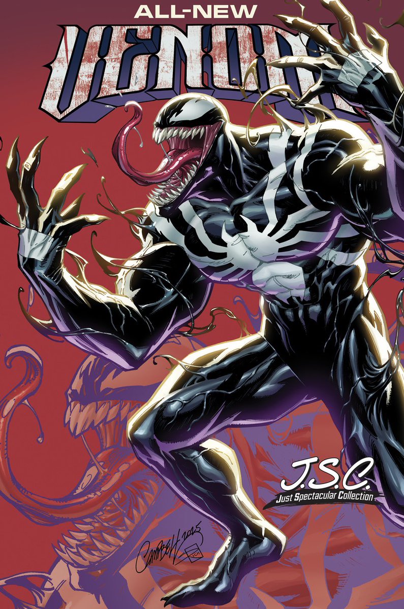 JScottCampbell's tweet photo. 🕷️👅While not officially the final art (though it’ll most likely be) here’s another of my upcoming #Marvel  J.S.C. #JustSpectacularCollection’ variant covers: All-New #Venom #9 ! in both a trade-dress and 1:100 virgin. *FOC 7•7•2025 (Monday!) 
With cool colors by @sabine_rich https://t.co/oKXf5ew3jG