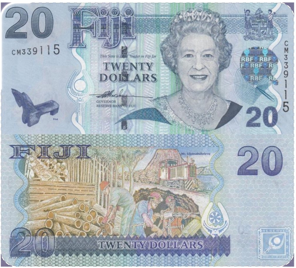 RareMoneyNotes's tweet image. From Queen Elizabeth II to the bustling timber industry, this 20 Fijian Dollars note tells a story! 🇫🇯 Love the detailed depiction of workers and the landscape. #FijianHistory #CurrencyDesign #BanknoteArt