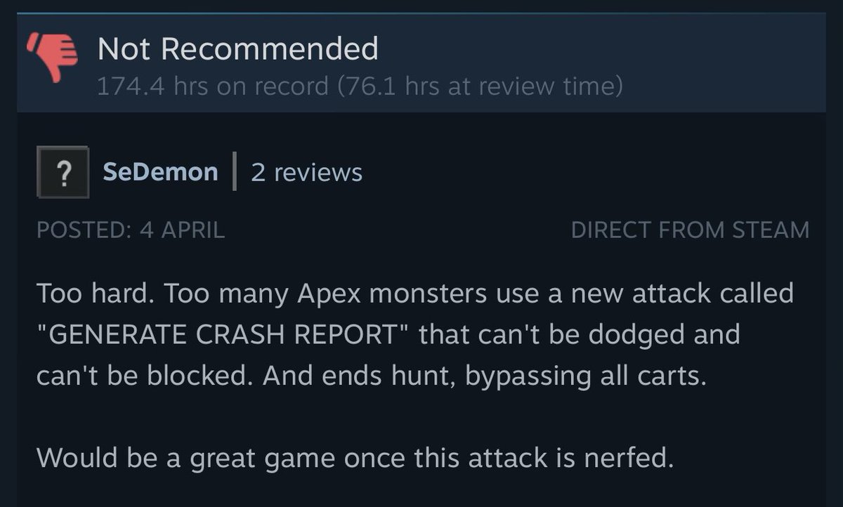 OddSteamReviews's tweet photo. Monster Hunter Wilds https://t.co/xQP5OgjsMP