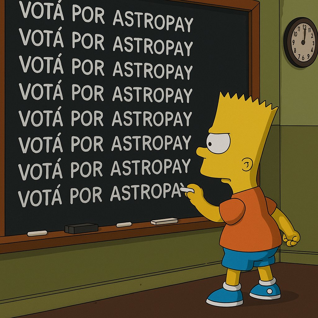 Bart ya lo dijo mil veces y no puede estar más claro:
 VOTÁ POR ASTROPAY 🗳️🔥
Estamos en la final del #MundialDeTarjetas y necesitamos TODO el aguante.
¡Es ahora! 💪