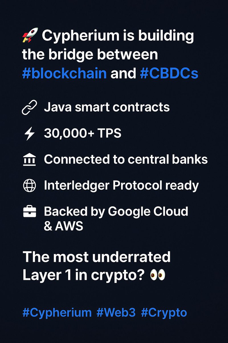 🚀 Cypherium is building the bridge between #blockchain and #CBDCs. 🔗 Java  smart contracts ⚡ 30,000+ TPS 🏛️ Connected to central banks 🌐 Interledger  Protocol ready 💼 Backed by Google Cloud &