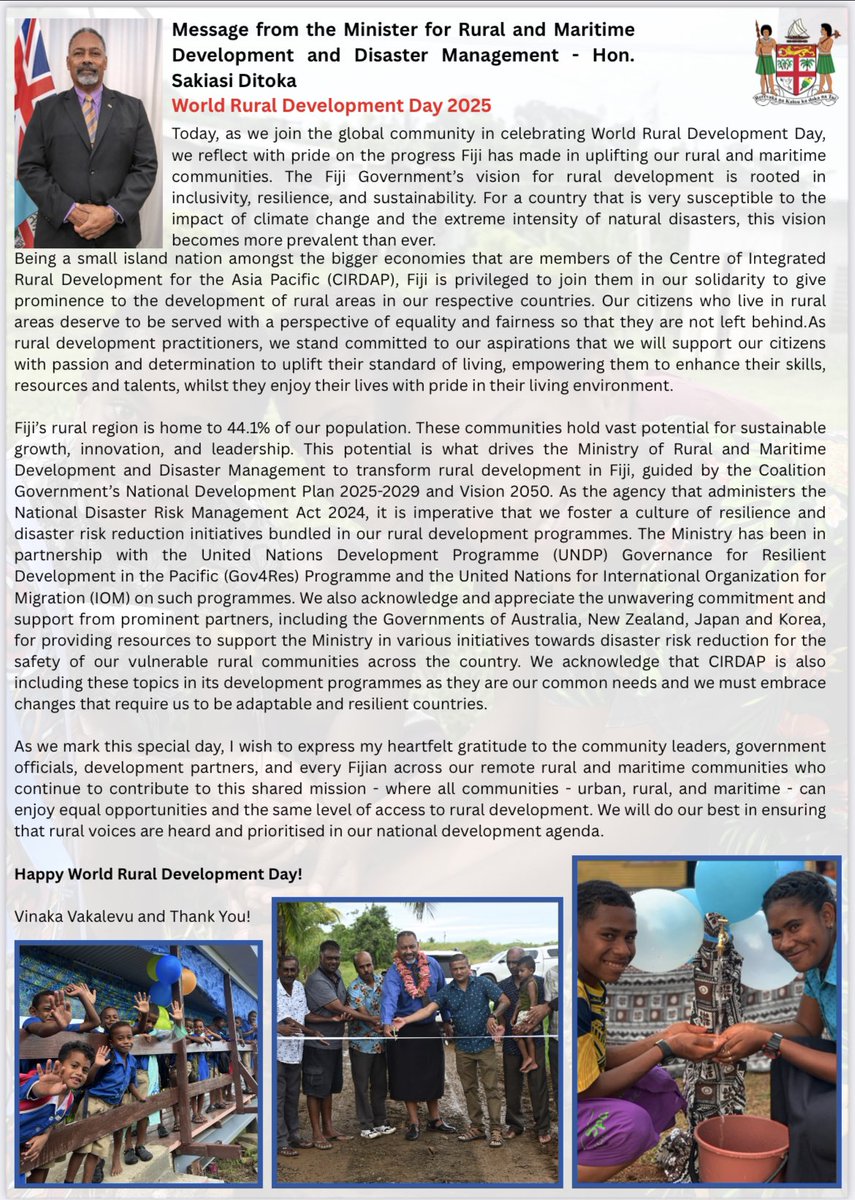 Ministry of Rural and Maritime Development and DM (@mrmdfiji) on Twitter photo HAPPY WORLD RURAL DEVELOPMENT DAY‼️
As we mark World Rural Development Day, the <a href="/MRMDFiji/">Ministry of Rural and Maritime Development and DM</a> reaffirms its commitment to achieving our vision for rural & maritime communities across 🇫🇯, helping them to be productive, resilient & sustainable.
✅ Read Hon. <a href="/sditoka/">Sakiasi Ditoka</a>’s WRDD Message ⬇️ HAPPY WORLD RURAL DEVELOPMENT DAY‼️
As we mark World Rural Development Day, the <a href="/MRMDFiji/">Ministry of Rural and Maritime Development and DM</a> reaffirms its commitment to achieving our vision for rural & maritime communities across 🇫🇯, helping them to be productive, resilient & sustainable.
✅ Read Hon. <a href="/sditoka/">Sakiasi Ditoka</a>’s WRDD Message ⬇️