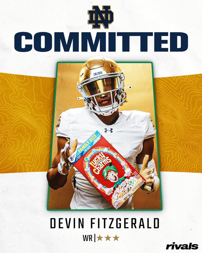 🚨BREAKING🚨 WR Devin Fitzgerald has committed to Notre Dame☘️ 

He's the son of NFL legend Larry Fitzgerald.

Read: on3.com/rivals/news/no…