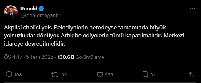 yigitcanonal7's tweet photo. "AKP'lisi CHP'lisi yok, bütün Belediyeler AKP'ye devredilsin" https://t.co/TBAaVyx7Pu