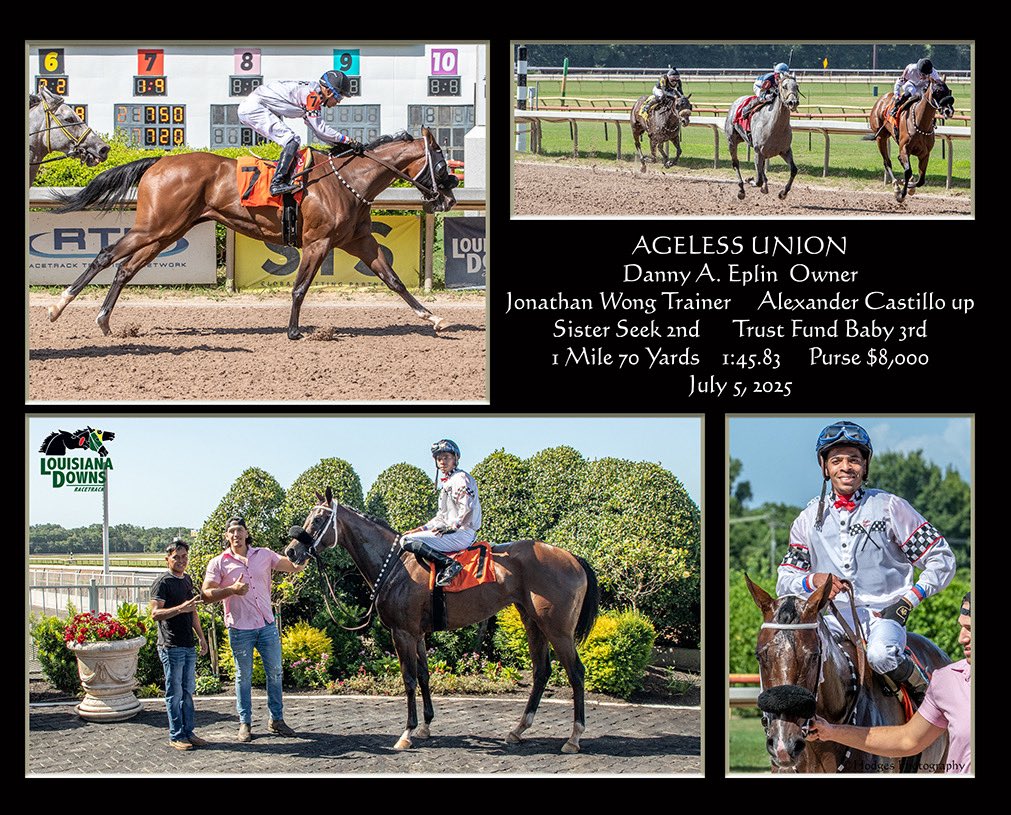 Jonathan Wong Racing Stables (@jawongracing) on Twitter photo Ageless Union scored an ultra game victory today <a href="/LouisianaDowns/">Louisiana Downs Racetrack & Casino</a> giving the team the natural Daily Double. Congratulations & thank you to her owner <a href="/DanEplin/">Dan Eplin</a> & Alex Castillo for the perfect ride <a href="/MJVETWong/">M.Wong</a> <a href="/Director_Roxy/">Roxanne Tanner</a> <a href="/JohnLMcGary/">John L McGary</a> <a href="/keenelandsales/">Keeneland Sales</a> <a href="/LanesEndFarms/">Lane's End</a> Ageless Union scored an ultra game victory today <a href="/LouisianaDowns/">Louisiana Downs Racetrack & Casino</a> giving the team the natural Daily Double. Congratulations & thank you to her owner <a href="/DanEplin/">Dan Eplin</a> & Alex Castillo for the perfect ride <a href="/MJVETWong/">M.Wong</a> <a href="/Director_Roxy/">Roxanne Tanner</a> <a href="/JohnLMcGary/">John L McGary</a> <a href="/keenelandsales/">Keeneland Sales</a> <a href="/LanesEndFarms/">Lane's End</a>