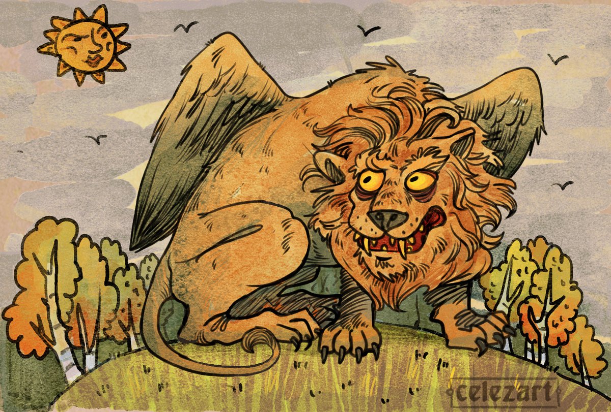 celezart's tweet image. A quick drawing of a medieval lion just resting