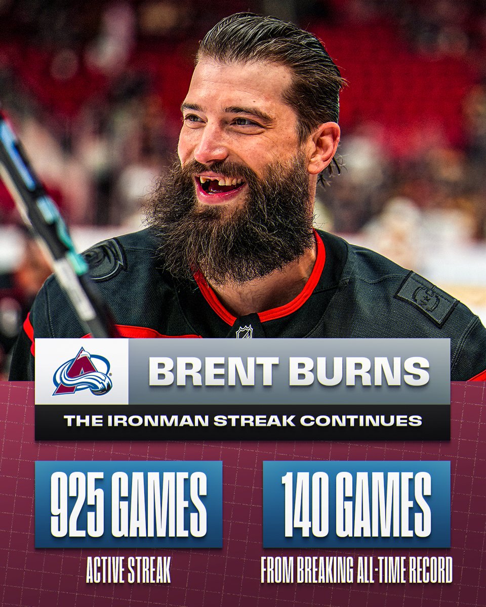 NHL's tweet image. Brent Burns is back for another season! 💪 

He holds the fourth-longest ironman streak in NHL history and is only 140 games back from Phil Kessel's all-time mark... 👀