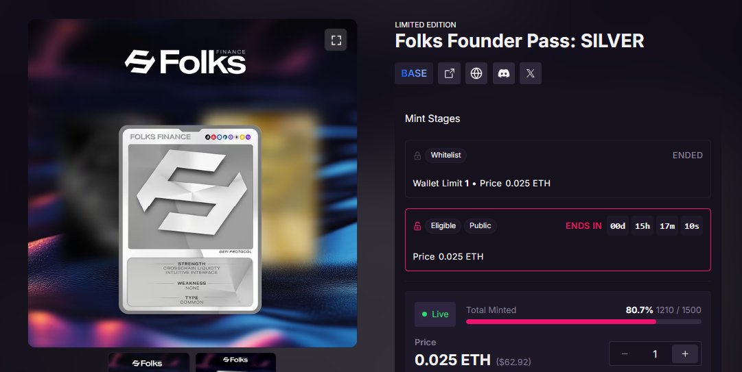 Folks Founders Pass NFT Mint Live 

Available on <a href="/MagicEden/">Magic Eden 🪄</a> on Base → Less than 24 hours left (Closes this Sunday)

NFT Holders will get benefits on <a href="/FolksFinance/">Folks Finance</a> platform and upon TGE → Coming late July