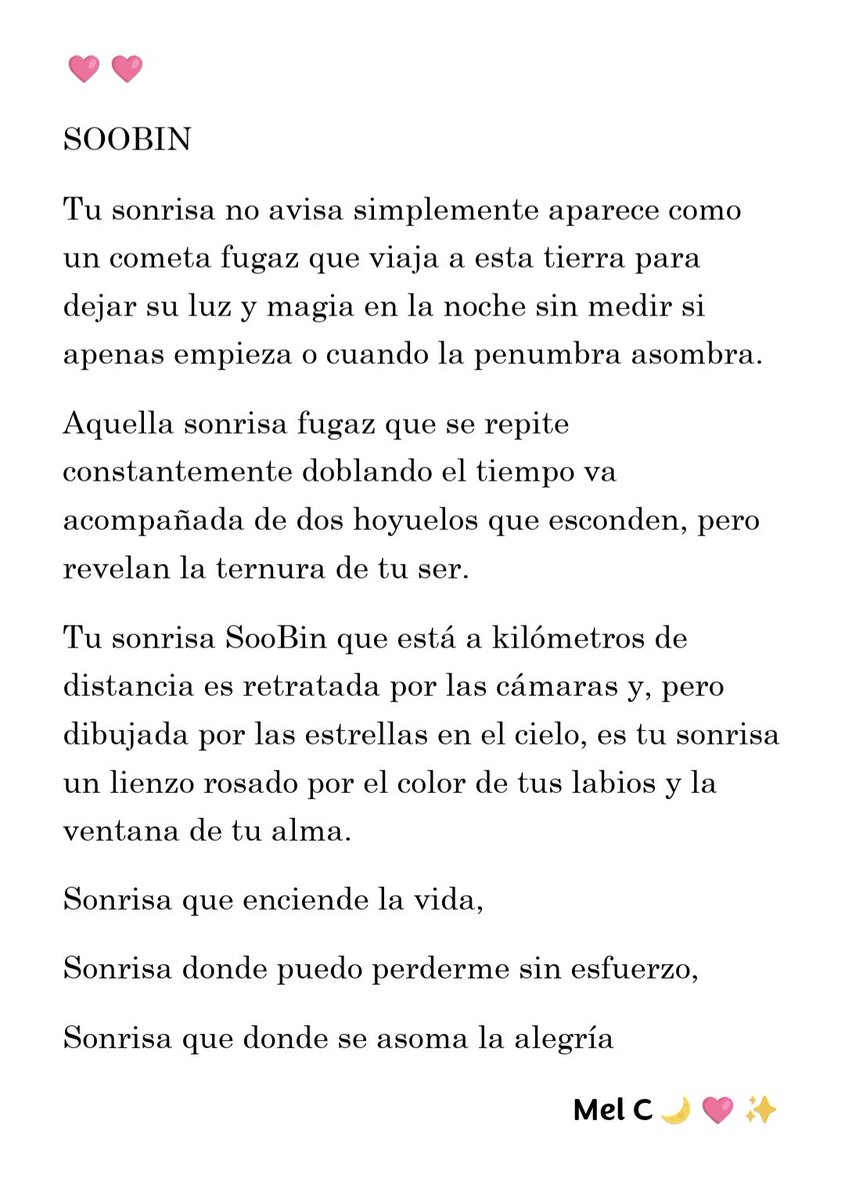 mel_poems's tweet photo. Es tu sonrisa SooBin el destello del cielo y mi constante perfecto...
Este poema es solo un poco de la magia que me regala SooBin a diario 🩷
#Moapoetry
#Moapoems
#withloveforSoobin https://t.co/4bHAyCtLbV