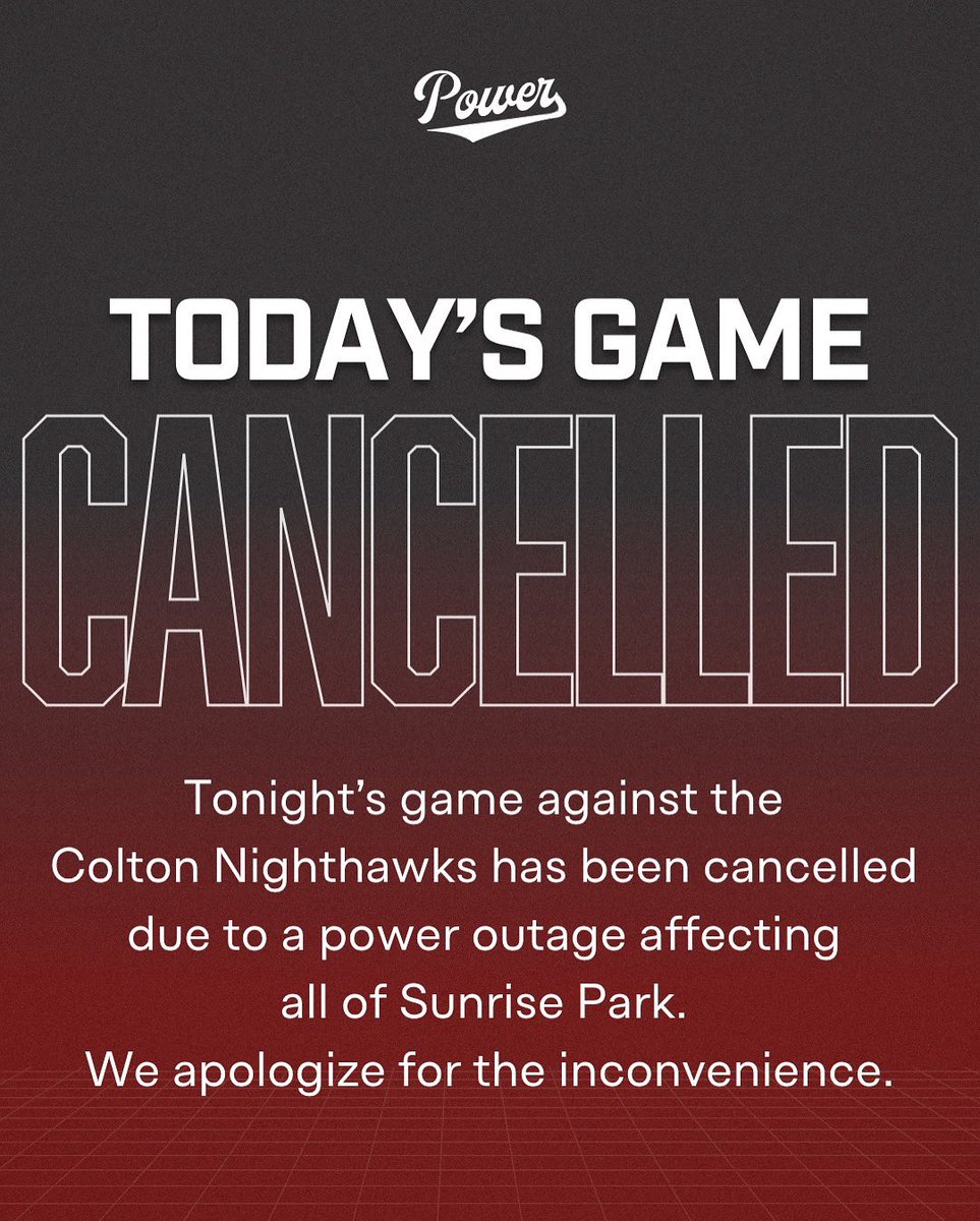 PSPowerBaseball's tweet image. 𝐍𝐨 𝐆𝐚𝐦𝐞 𝐓𝐨𝐧𝐢𝐠𝐡𝐭

Due to a power outage affecting Sunrise Park, tonight’s game against the Colton Nighthawks has been canceled.

#NoPower