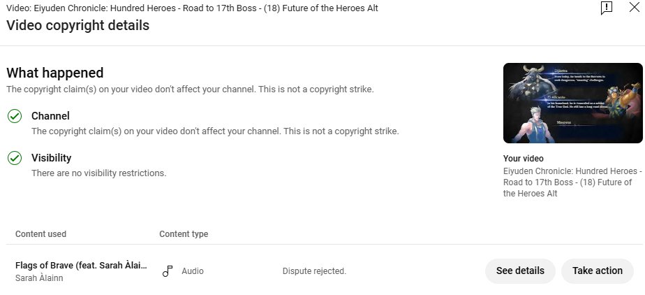 Yoifazgesv's tweet photo. This time Dispute got Rejected - Ending Credits

Last time dispute got Accepted, now the Ending Credits got rejected and there is 2 other videos (I break Credits into 3 because it's too long) after. If I appeal might got Copyright Strike ? @eiyuden @Eiyuden_JP  #eiyudenchronicle https://t.co/fxpNr2CGU2