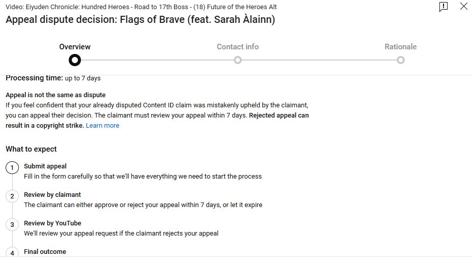 Yoifazgesv's tweet photo. This time Dispute got Rejected - Ending Credits

Last time dispute got Accepted, now the Ending Credits got rejected and there is 2 other videos (I break Credits into 3 because it's too long) after. If I appeal might got Copyright Strike ? @eiyuden @Eiyuden_JP  #eiyudenchronicle https://t.co/fxpNr2CGU2