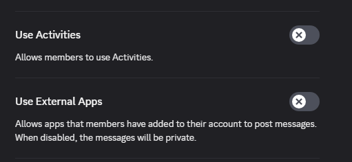 Yo <a href="/discord/">Discord</a> can you default these to off for default permissions, people are joining servers with apps and spamming porn and racist gifs. That would be great, thanks in advance.