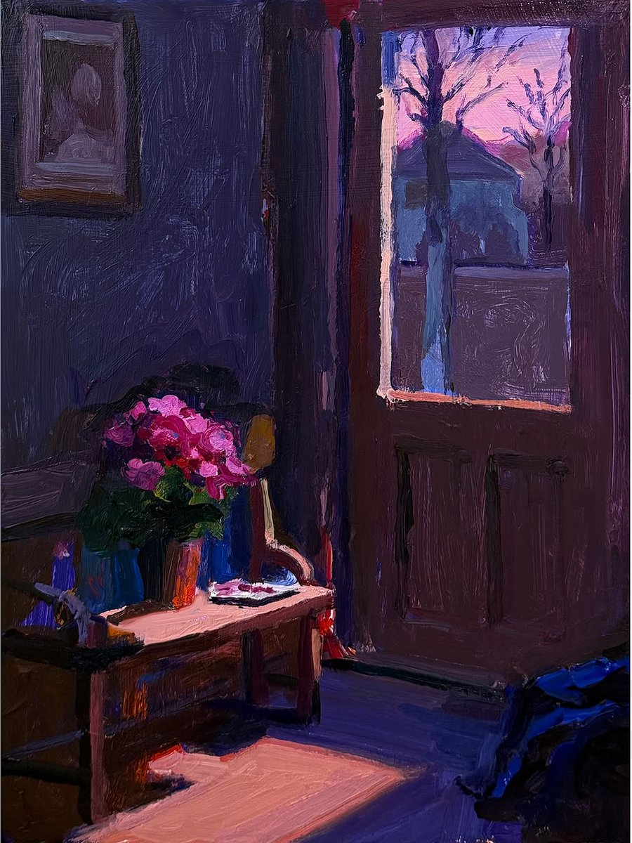 RClaremont's tweet image. I’d been meaning to move the pelargoniums out to the porch, but in the strange stillness of that moment, I found myself just watching the light fall across them—pink on purple, like the sky outside had folded itself into the hallway.
“Light on the Threshold”, 25X35cm. Available.