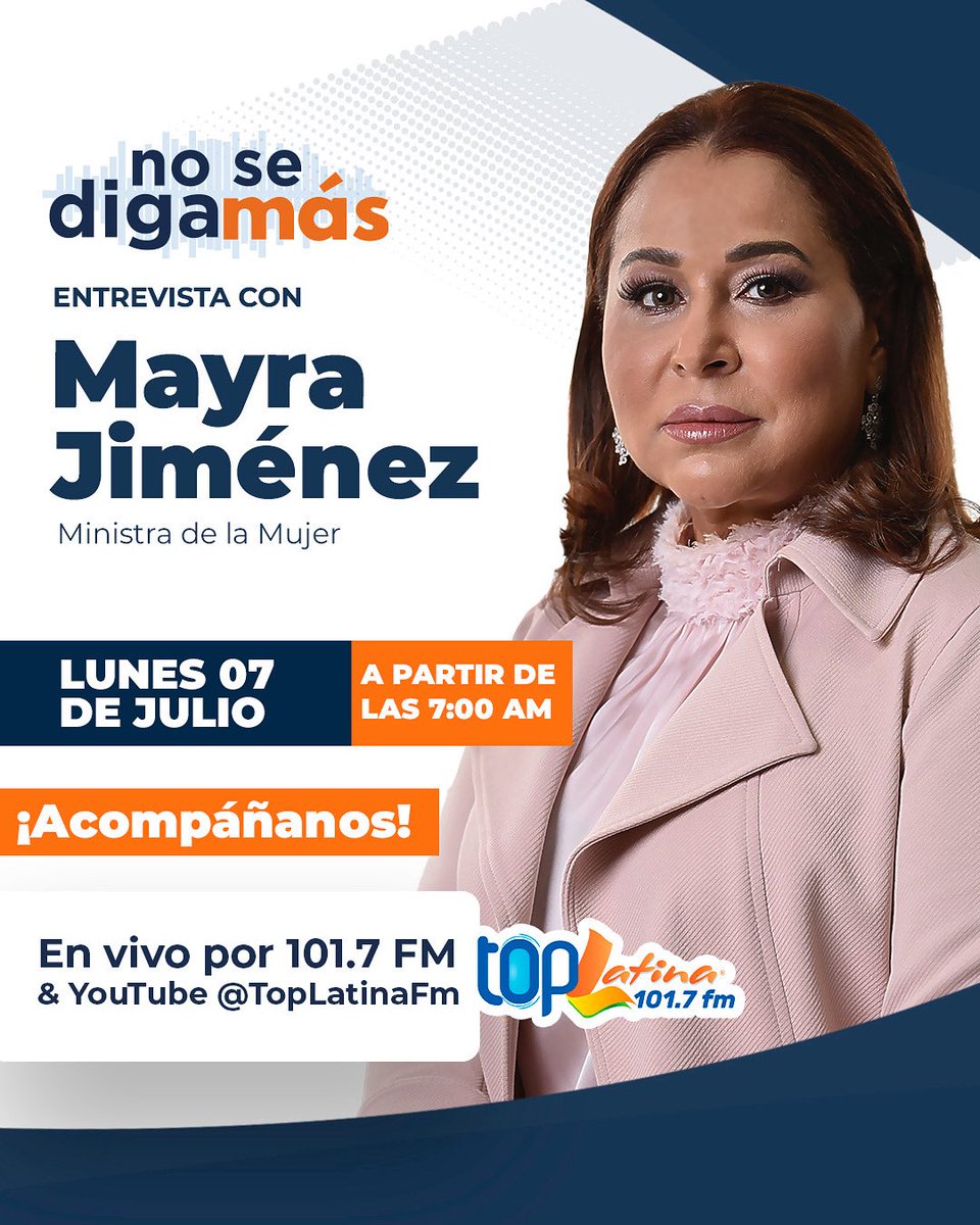 Este lunes 7 de julio, estará con nosotros Mayra Jiménez, ministra de <a href="/MMujerRD/">Ministerio de la Mujer República Dominicana</a> a partir de las 7:00 AM 📻 por 101.7 FM <a href="/toplatinafm/">Top Latina 101.7 FM</a> 

¡Sintonízanos!