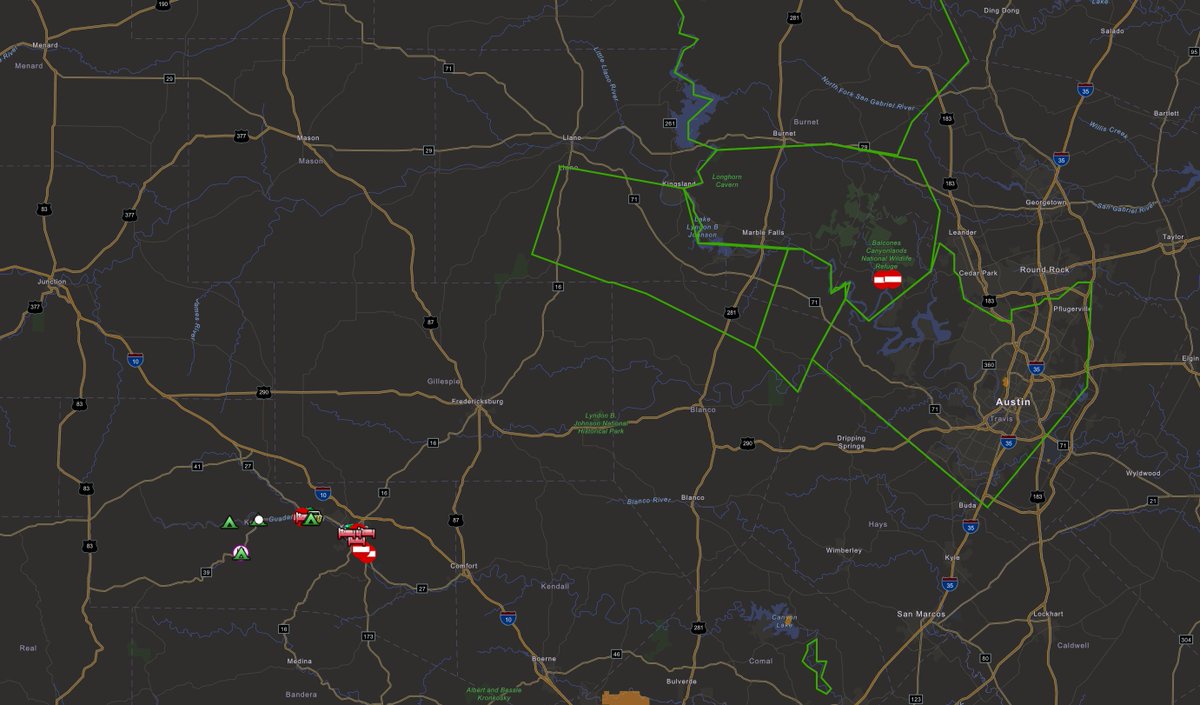 Fresh map update; I've added a few more locations that have been host to flood damage.

Also, my ArcGIS map at the link below has overlays showing the Flash Flood Warnings that are currently in effect. The areas outlined in green are flooding right now, which include Llano,
