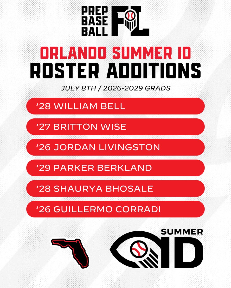 𝐎𝐫𝐥𝐚𝐧𝐝𝐨 𝐒𝐮𝐦𝐦𝐞𝐫 𝐈𝐃 🔍

📆: Tuesday, July 8th, 2025
🏟️: Lake Brantley HS (Altamonte Springs, FL)
👤: Open Event for 2026-2029 Prospects

Roster additions ⤵️

🔗: loom.ly/xc_M_wU | #OrlandoSID25