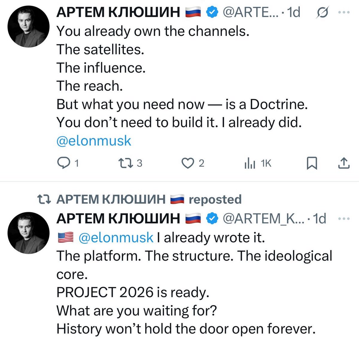kelly2277's tweet photo. WARNING🔥There’s ZERO question that Russia and Musk are tampering in our election again. THIS IS MUSK’s RUSSIAN HANDLER ARTEM KLYUSHIN who created the “American Party” so Musk could be Putin’s next puppet. RETWEET‼️ https://t.co/EApMdeVJhq