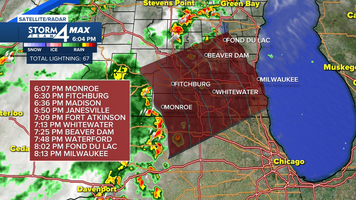6pm Radar Check -
A line of storms with heavy rain, lightning, and strong winds is approaching Madison and Rockford. 
Based on movement NE at about 45 mph, here is the expected arrival time for storms. 
Radar: tmj4.com/weather/radar #wiwx
