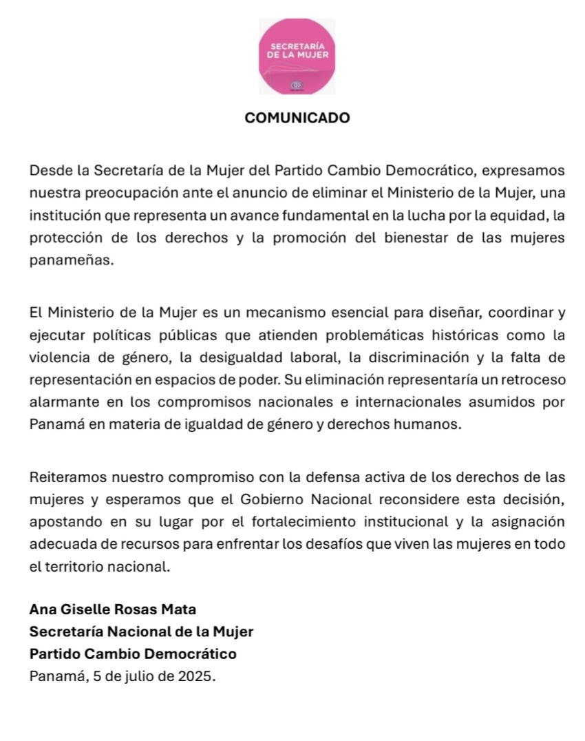 Comunicado: Expresamos nuestra preocupación ante el anuncio de eliminar el Ministerio de la Mujer, una institución que representa un avance fundamental en la lucha por la equidad, la protección de los derechos y la promoción del bienestar de las mujeres panameñas.