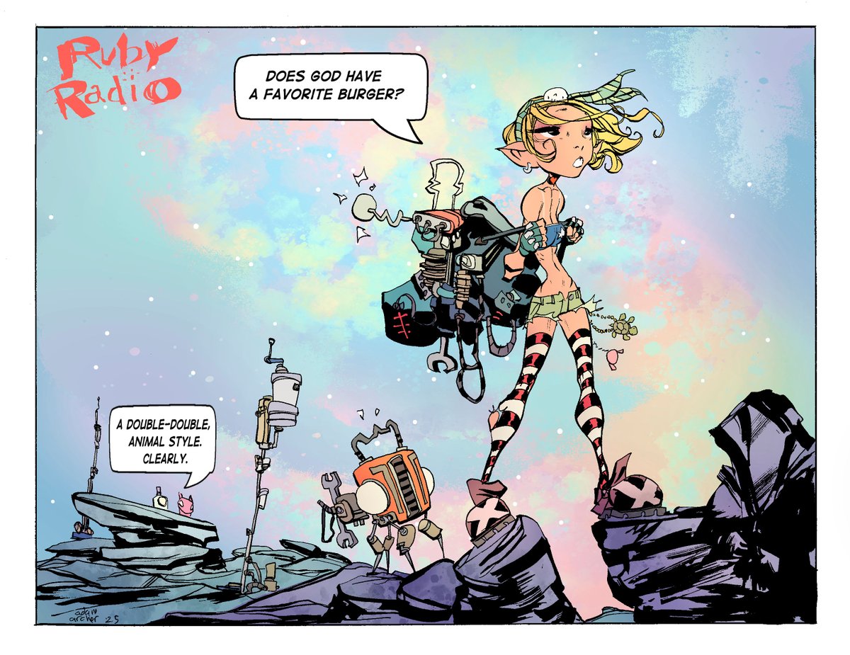 Jack_Stewart's tweet image. Ruby ponders the Eternal Mysteries.

#RubyRadio 

Slinging comics with @AdamArcherArt!
