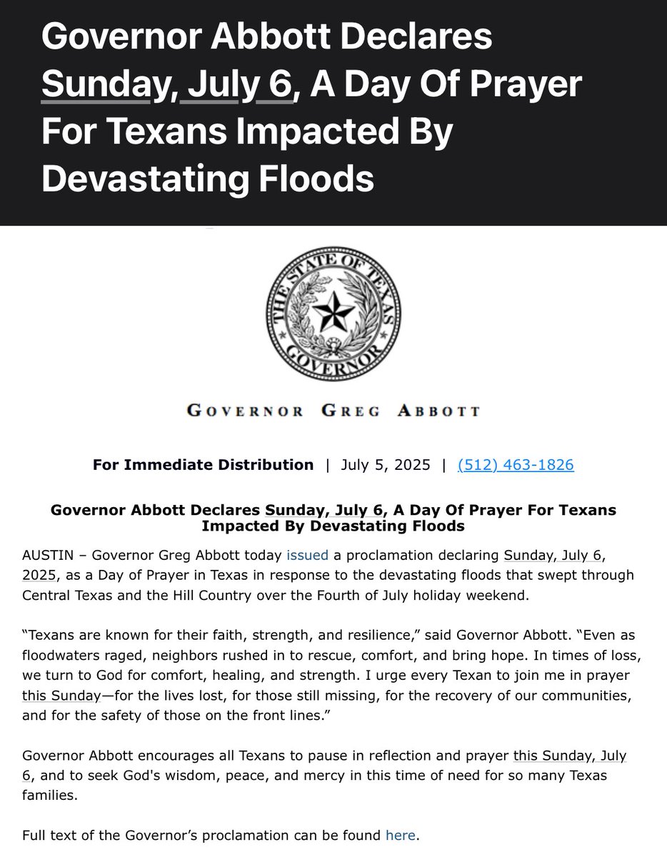 Lauren McGaughy (@lmcgaughy) on Twitter photo Texas Gov. <a href="/GregAbbott_TX/">Greg Abbott</a> announced Day of Prayer tomorrow for victims of Texas floods. #txlege Texas Gov. <a href="/GregAbbott_TX/">Greg Abbott</a> announced Day of Prayer tomorrow for victims of Texas floods. #txlege