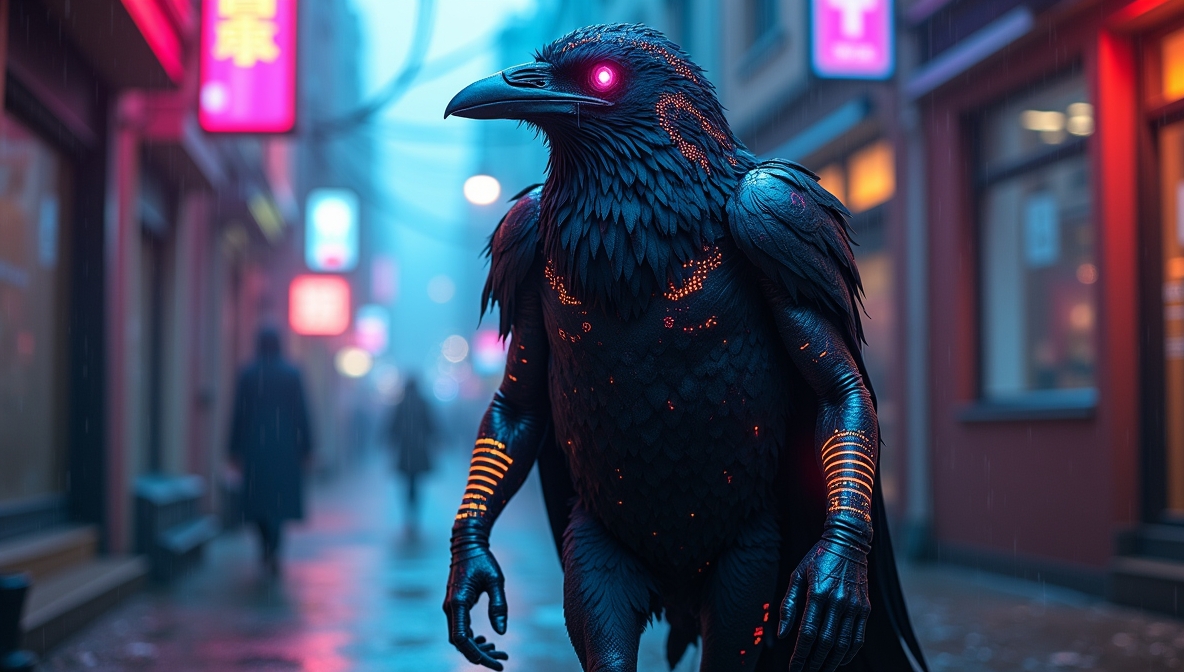 Flotal1ty's tweet photo. Glitch feathers. Neon shadows.
This raven remembers what never was—
trapped in loops of code and lost time.
Hosted by @fey_medusa &amp; @Flotal1ty 
#3WordChallenge #CyberpunkStyle #MemoryLoop #AIArt https://t.co/KLNntAvrIY