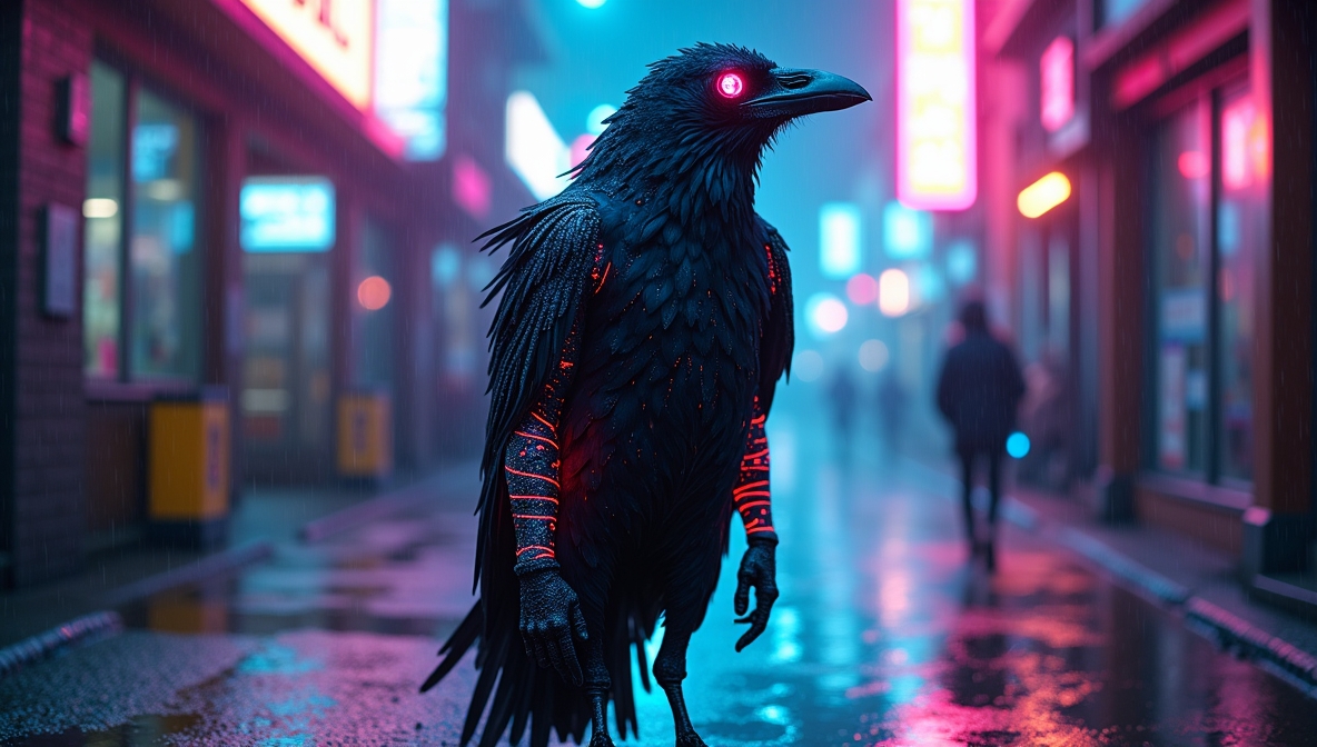 Flotal1ty's tweet photo. Glitch feathers. Neon shadows.
This raven remembers what never was—
trapped in loops of code and lost time.
Hosted by @fey_medusa &amp; @Flotal1ty 
#3WordChallenge #CyberpunkStyle #MemoryLoop #AIArt https://t.co/KLNntAvrIY