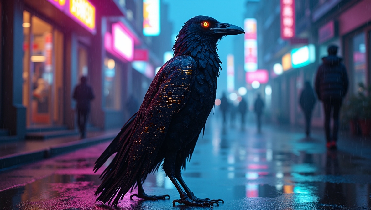 Flotal1ty's tweet photo. Glitch feathers. Neon shadows.
This raven remembers what never was—
trapped in loops of code and lost time.
Hosted by @fey_medusa &amp; @Flotal1ty 
#3WordChallenge #CyberpunkStyle #MemoryLoop #AIArt https://t.co/KLNntAvrIY