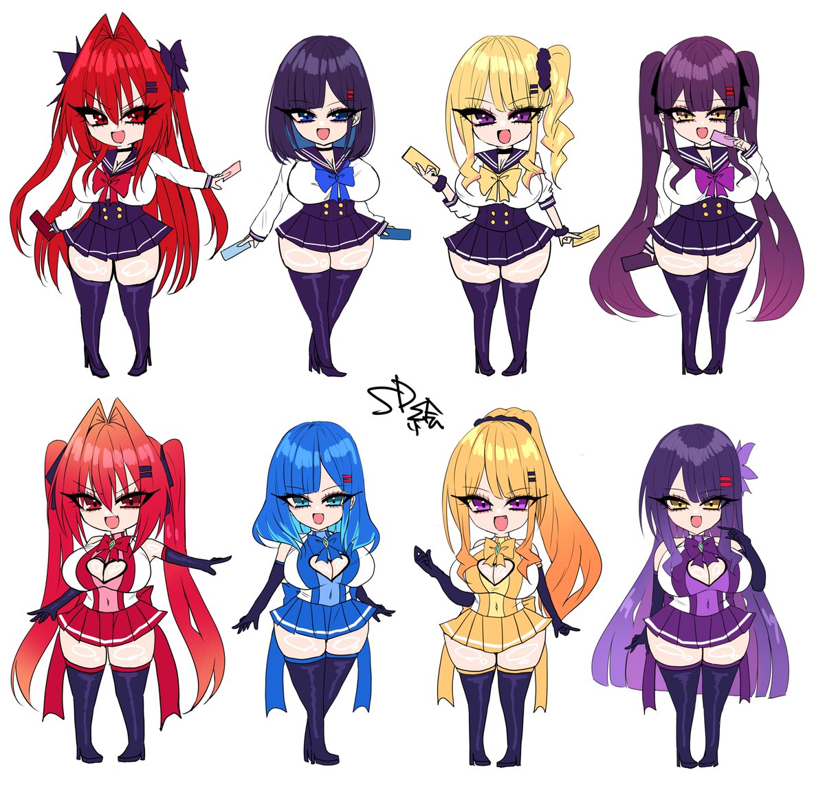 アクリルキーホルダー 変身前/後で揃えたくて
全員SD絵描いた～～～！❤️💙💛💜　作る～！