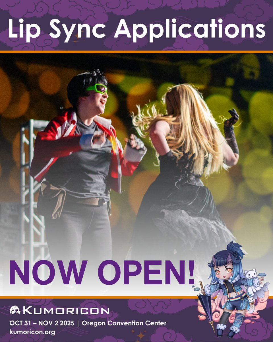 kumoricon's tweet image. Applications are NOW OPEN for Kumoricon's Epic shows: The high-energy 18+ Lip Sync Battle and the fan-favorite Cosplay Lip Sync Showdown!
This is YOUR moment to shine! Don’t miss your chance! Apply at kumoricon.org/lip-sync-showd… by August 15 at 11:59 PM!