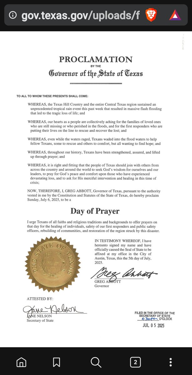 BreakinNewz01's tweet photo. @TEXSAR1 #Breaking 🚨 #UPDATE Governor Abbott Declares Sunday, July 6, A Day Of Prayer 🙏 For Texans Impacted By Devastating Floods #Pray4Texas https://t.co/3Dhw8MCW83
