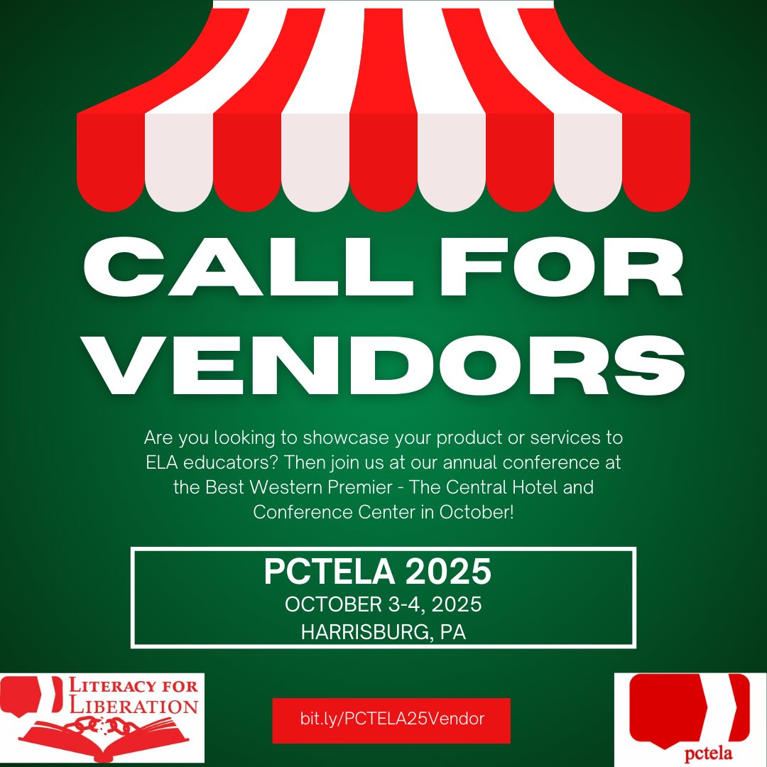 PCTELA (@pctelanews) on Twitter photo Join us as a vendor at #pctela25 in Harrisburg, PA this October! We would love to showcase your group or product/service! You can also sponsor our educator event and be featured at our conference!
bit.ly/PCTELA25Vendor
<a href="/ncte/">National Council of Teachers of English (NCTE)</a> <a href="/PADeptofEd/">PA Department of Education</a> <a href="/WPCTEtweets/">WPCTE</a> <a href="/PSEA/">PSEA</a> <a href="/StudentPSEA/">Student PSEA</a> Join us as a vendor at #pctela25 in Harrisburg, PA this October! We would love to showcase your group or product/service! You can also sponsor our educator event and be featured at our conference!
bit.ly/PCTELA25Vendor
<a href="/ncte/">National Council of Teachers of English (NCTE)</a> <a href="/PADeptofEd/">PA Department of Education</a> <a href="/WPCTEtweets/">WPCTE</a> <a href="/PSEA/">PSEA</a> <a href="/StudentPSEA/">Student PSEA</a>