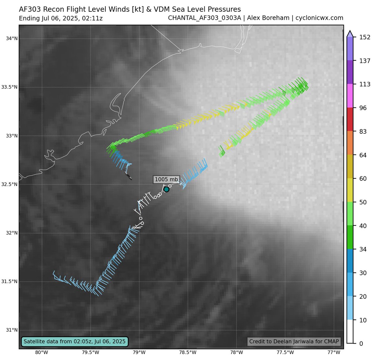cyclonicwx's tweet image. #Chantal is very misaligned from shear now - its center is completely outside of the convection. However, it still packs high winds in the thunderstorms, so areas north of where Chantal makes landfall could still see gusty winds although the center will be quieter
