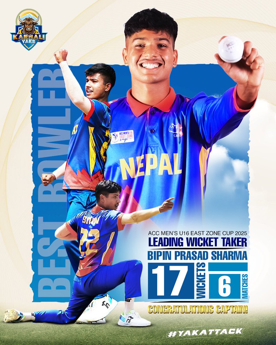 BEST BOWLER OF THE TOURNAMENT! 

Captain Bipin Prasad Sharma leads from the front, taking 17 wickets in just 6 matches and becoming the leading wicket taker of the ACC Men’s U16 East Zone Cup 2025!🇳🇵

#Bipinsharma #NepalU16 #ACC2025 #BestBowler#ProudMoment #YakAttack #KarnaliYaks