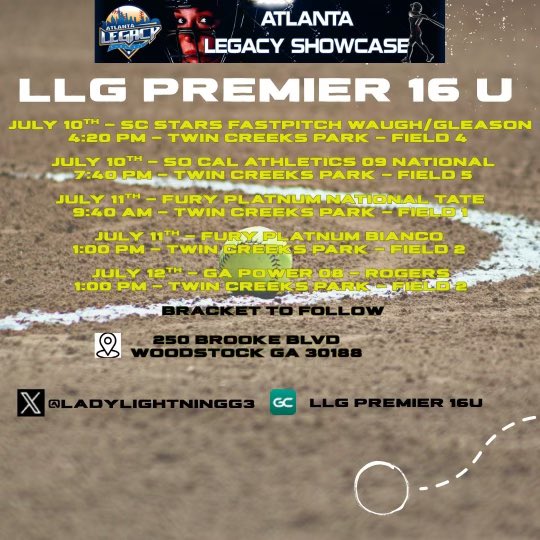 AddisonHester28's tweet image. Schedule drop for this upcoming weekend in Georgia. Come check us out! #ILEAP #lightsout @LadyLightningG3 @Org_LLG 
@MelisaShock @CoachNJames @tslimp27 @NccuSoftball @CoachStockdale2 @coachbreneman @NCATSOFTBALL @AshleyWadeUNCW