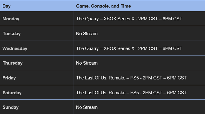 316Glock's tweet image. Here's the schedule for 07/07 - 07/13.  Gonna play and finish up The Quarry and then move on to another playthrough of The Last of Us: Part I Remake. #StreamingSchedule twitch.tv/glock316