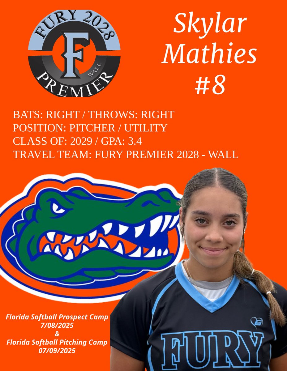Skylar Mathies (@skylar_2029) on Twitter photo Headed to Gainesville in the morning!🐊 Excited to attend the University of Florida Prospect Camp on Tuesday and Pitching Camp on Wednesday! Can't wait to learn, compete, and take it all in.
<a href="/GatorsSB/">Gators Softball</a>
<a href="/_TimWalton/">Tim Walton</a>
<a href="/Coach_AT/">Aric Thomas</a>
<a href="/FranEnea10/">Francesca Enea</a>
<a href="/svanbrak/">Stephanie VanBrakle Prothro 🥋</a>
<a href="/tcwall45/">TC Wall</a> <a href="/premier2028wall/">Fury Premier 2028 - Wall</a> Headed to Gainesville in the morning!🐊 Excited to attend the University of Florida Prospect Camp on Tuesday and Pitching Camp on Wednesday! Can't wait to learn, compete, and take it all in.
<a href="/GatorsSB/">Gators Softball</a>
<a href="/_TimWalton/">Tim Walton</a>
<a href="/Coach_AT/">Aric Thomas</a>
<a href="/FranEnea10/">Francesca Enea</a>
<a href="/svanbrak/">Stephanie VanBrakle Prothro 🥋</a>
<a href="/tcwall45/">TC Wall</a> <a href="/premier2028wall/">Fury Premier 2028 - Wall</a>
