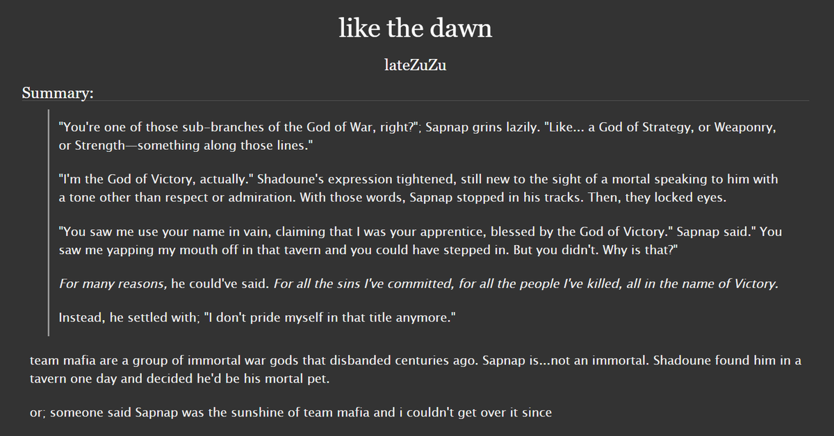 WHATS THIS a Team Mafia found family fic???!?! about Sapnap being the sunshine of Team Mafia ??!!?!?! and Team Mafia being immortal war gods while Sapnap is their adopted mortal pet?!?!?! and ANGST???? #chbb25 #sapnapfanart #shadounefanart