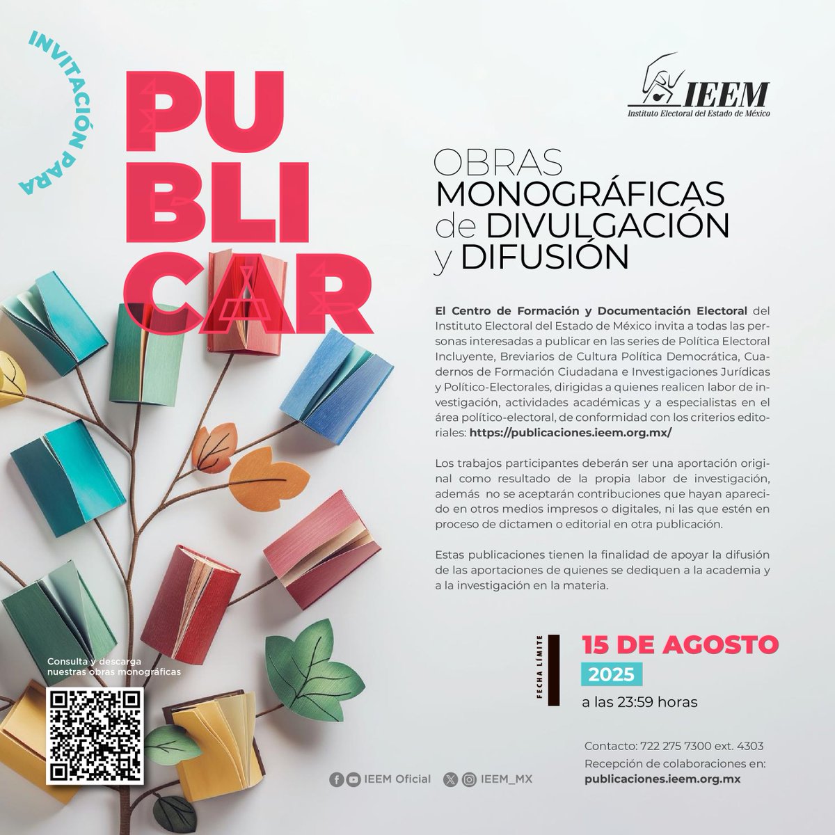 ✍️ Si realizas investigación en temas político-electorales, ciudadanía o inclusión… ¡esta invitación es para ti!
📖 El IEEM te invita a publicar en sus series monográficas de divulgación y difusión.
📅 Fecha límite: 15 de agosto
👉 Más info: publicaciones.ieem.org.mx/index.php/publ…