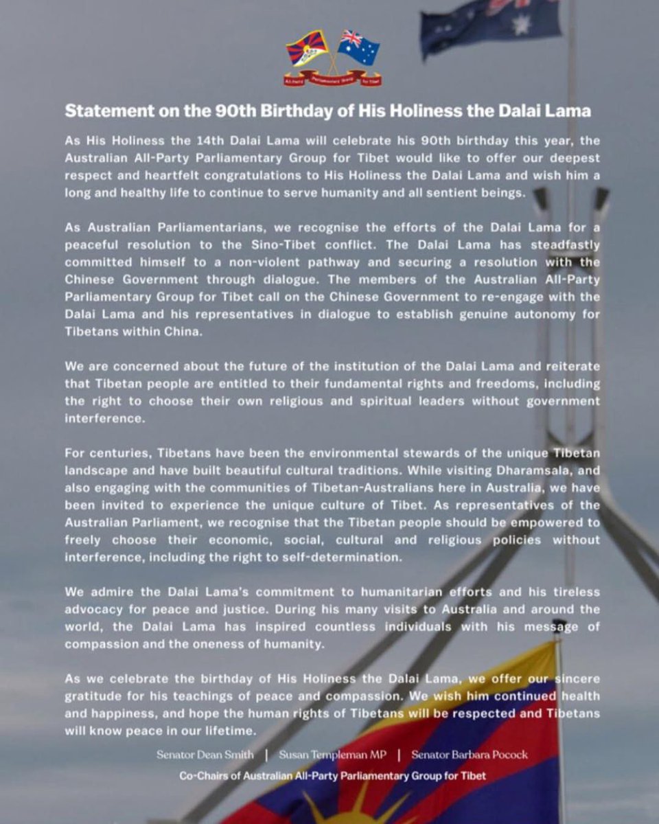 On the occasion of his 90th birthday we remember all the work of his Holiness the Dalai Lama for peace. The Tibetan people should be empowered to freely choose their economic, social, cultural and religious policies without interference, including the right to self-determination.