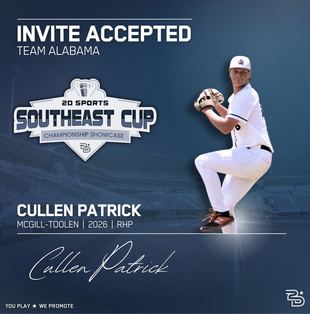Invite accepted ✅

‘26 Cullen Patrick (<a href="/CullenJPatrick/">Cullen Patrick</a>) is locked in to represent Team Alabama at this year’s Southeast Cup 🔥 

📅 August 1st-3rd.
📍 Lafayette, LA.

2026-2028 Grads

2029-2023 Grads (Jr Southeast Cup)

REQUEST YOUR INVITE:cognitoforms.com/_2DSports/_202…