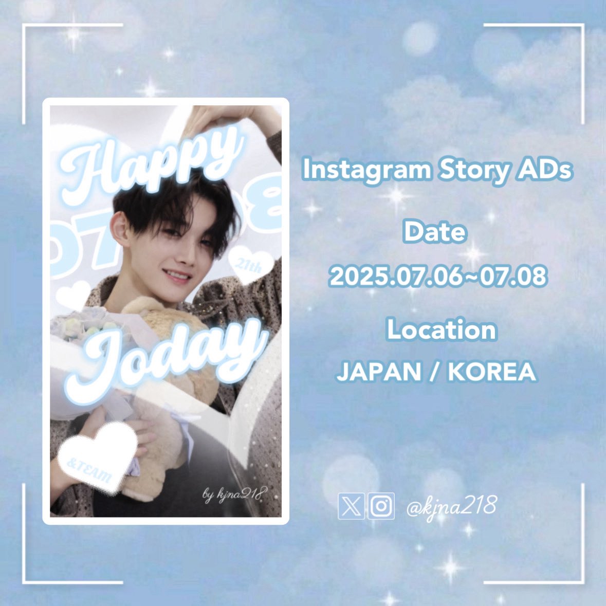 ˚₊‧꒰ა ☆ ໒꒱ ‧₊˚
ʜᴀᴘᴘʏ ᴊᴏ ᴅᴀʏ
ɪɴsᴛᴀɢʀᴀᴍ sᴛᴏʀʏ ᴀᴅs

🗓️ 2025.07.06~07.08
📍 ᴊᴀᴘᴀɴ ᴋᴏʀᴇᴀ

&amp;TEAM JOくんの21歳のお誕生日を記念してストーリー広告を配信します
たくさんの方に届きますように🩵🙏

#HAPPY_JO_DAY
#JO #죠 #andTEAM_JO #ジョウ
#andTEAM #앤팀