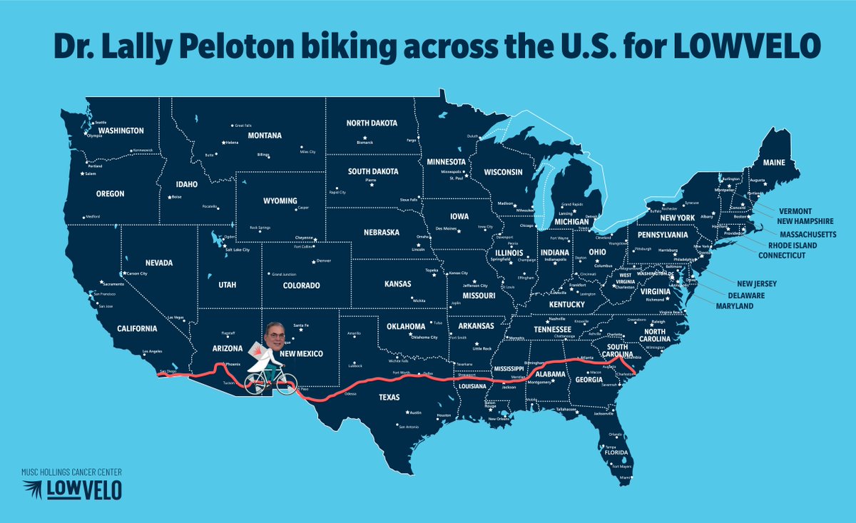 We love when people get creative to be part of LOWVELO. Hollings' Dr. Brian Lally is cycling virtually on his Peloton across the US from San Diego to Charleston and he's hit New Mexico! We'll be tracking his progress all summer long as he knocks off 2,165 miles coast to coast!