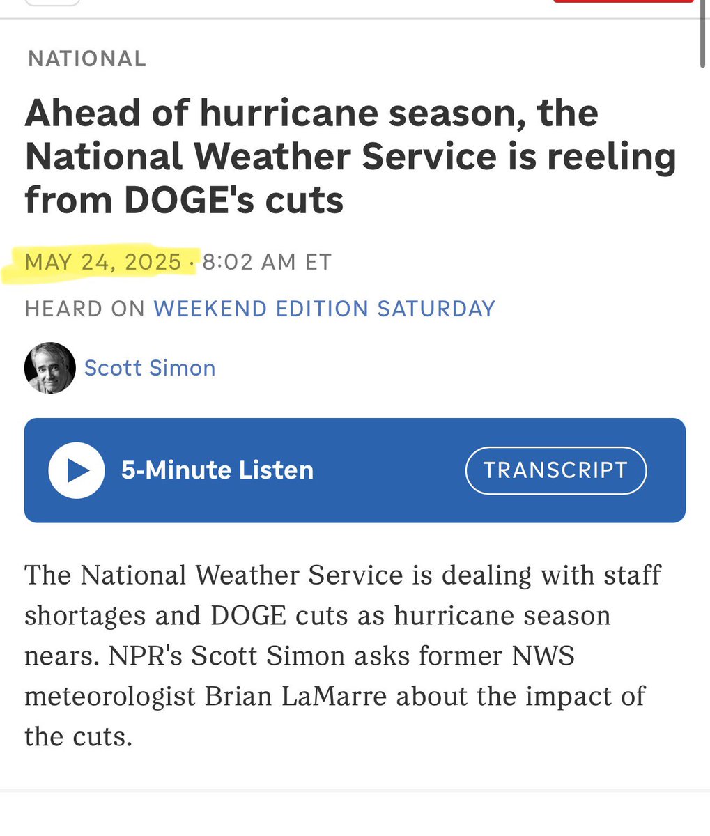 &gt; Trump gets in office 
&gt; Trump fires a bunch of federal workers 
&gt; Over 500 of those workers were at the national weather service
&gt; Experts say it could be really bad and lead to death 
&gt;It’s really bad and leads to death

Get out of the cult, please. It’s costing lives.