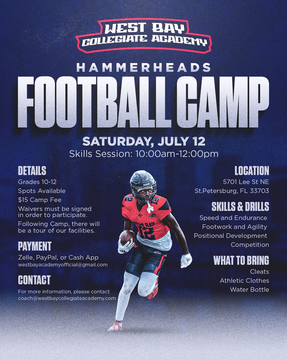 Unsigned Seniors! Mark your calendars — Hammerheads Football camp is on 07/12/25 at 10am. Looking forward to seeing you there.